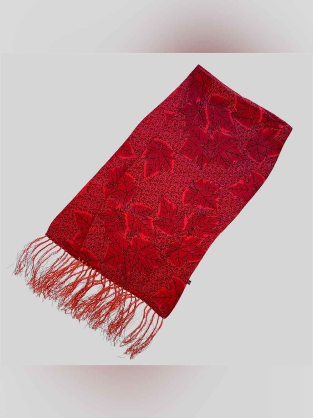 Red 100% Silk Leaf Print Fringed Scarf